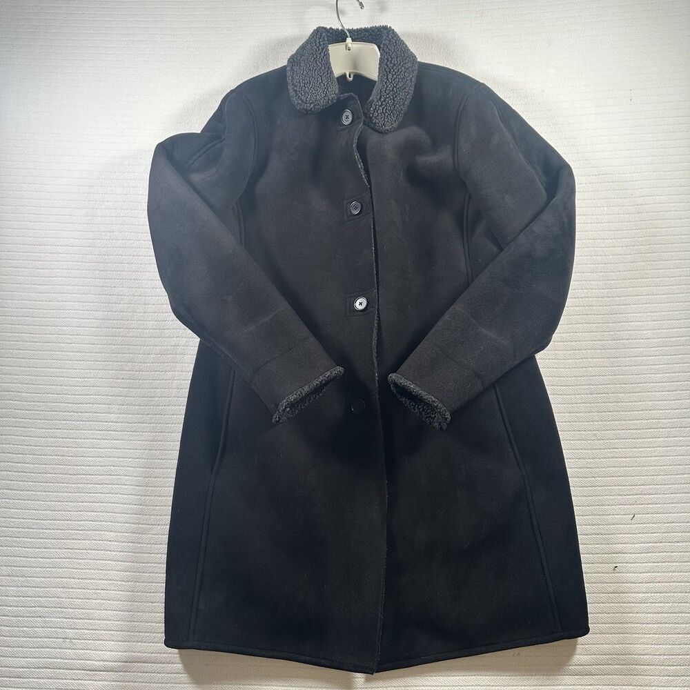 Lands End Faux Suede Long Coat Jacket Sherpa Lined Womens Size Small (6-8) Black